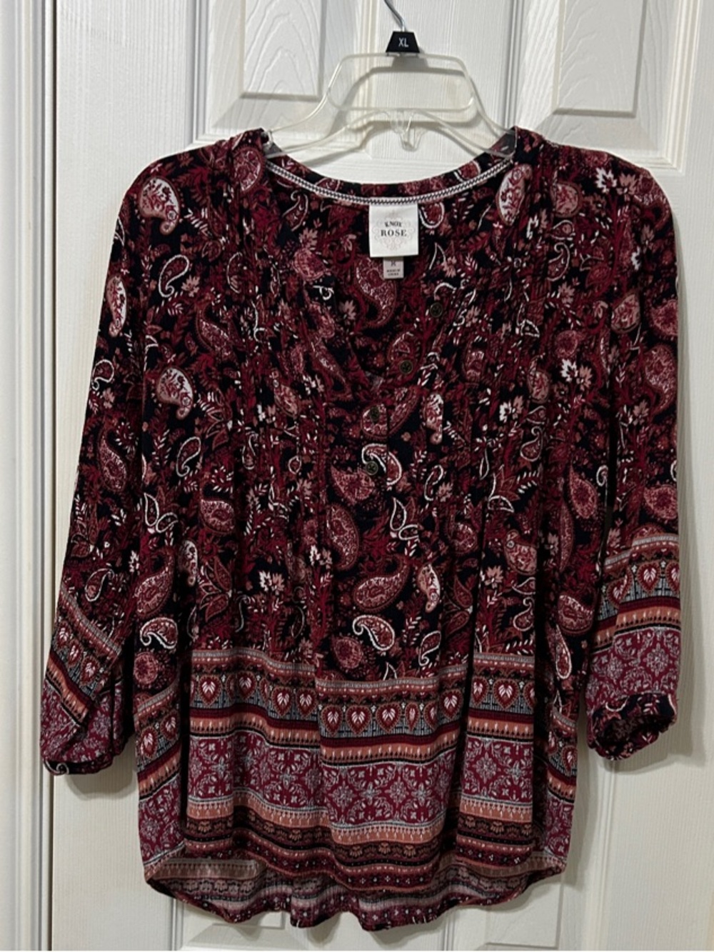 Knox Rose Burgundy & Black Paisley Peasant Blouse